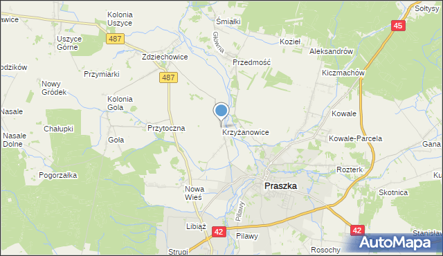 mapa Krzyżanowice, Krzyżanowice gmina Gorzów Śląski na mapie Targeo